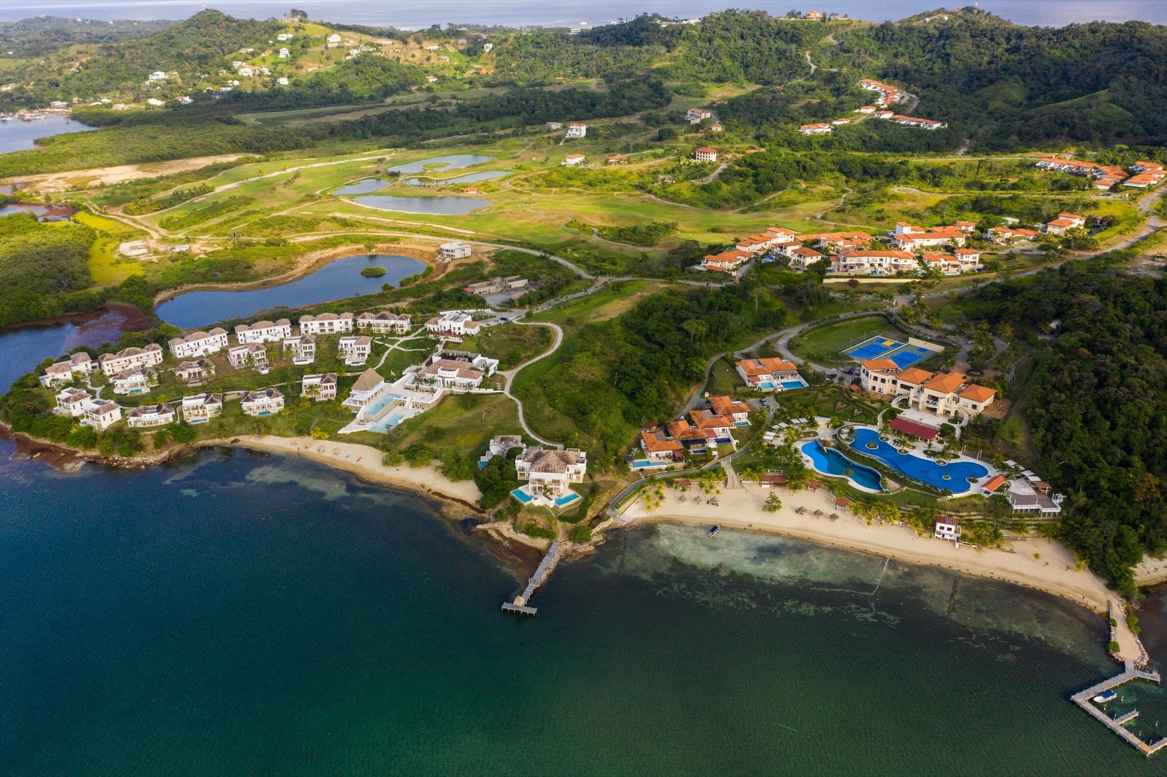 Aerial view of Pristine Bay and the Próspera site in Roatán, Honduras